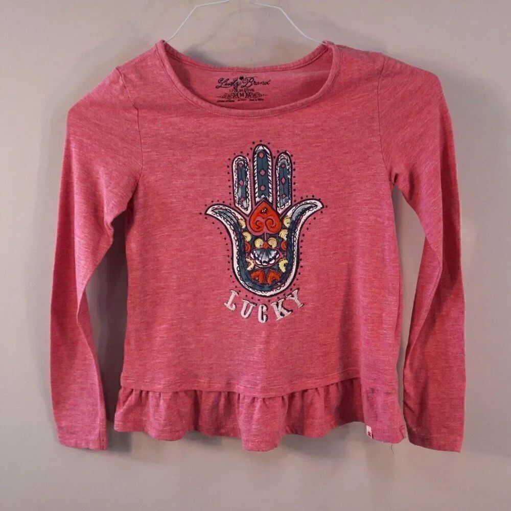 Lucky Brand Girls Top Sz M Pink Embroidered Hamsa Hand Long Sleeve Peplum Tee